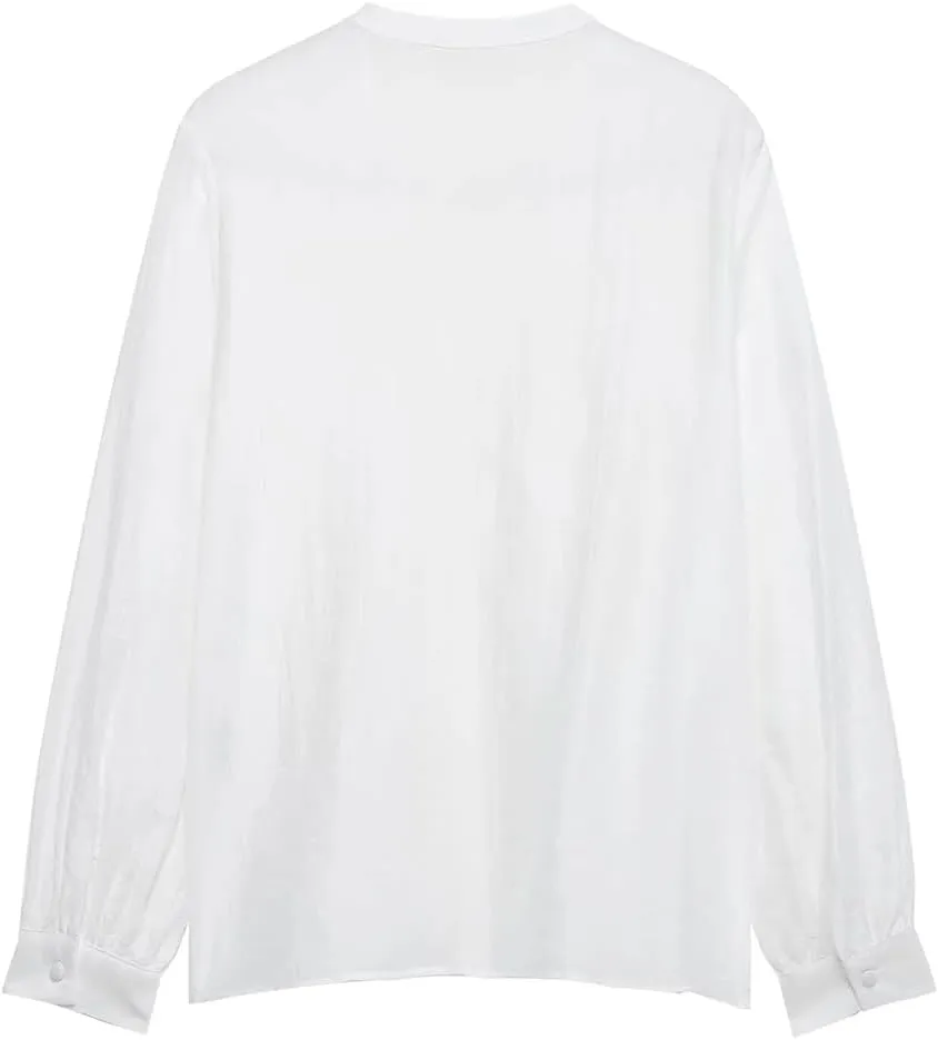 Women Vertical Lace Stacked Blouse Long Sleeve Shirt V-Neck Ruffled Collar Button Top