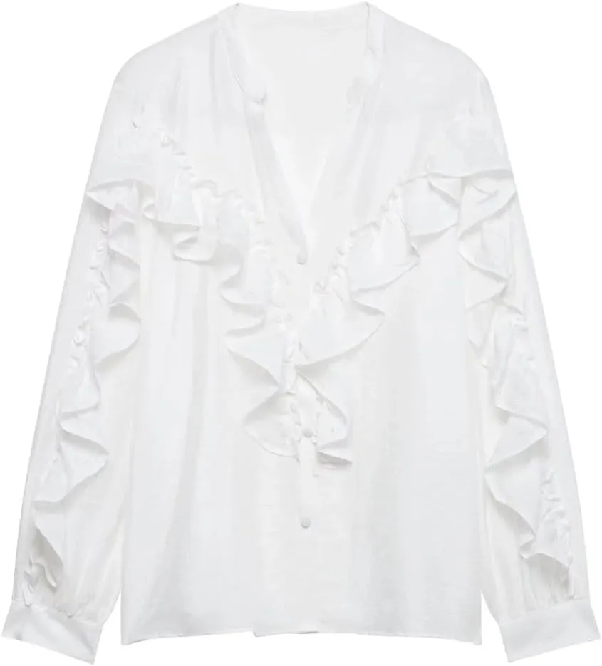 Women Vertical Lace Stacked Blouse Long Sleeve Shirt V-Neck Ruffled Collar Button Top