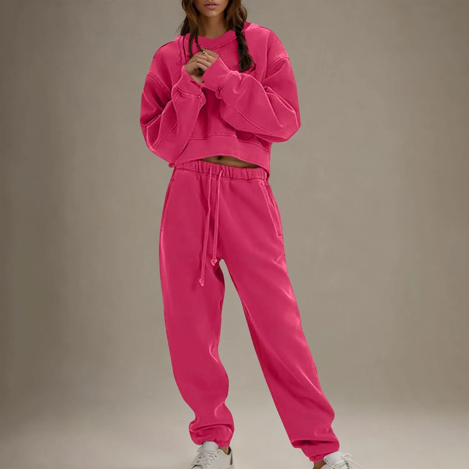 Women's 2 Piece Oversized Warm Outfits V Neck Hoodies Sweatshirts Jogger Pants Set Casual Lounge Set Sweatsuit