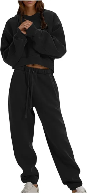 Women's 2 Piece Oversized Warm Outfits V Neck Hoodies Sweatshirts Jogger Pants Set Casual Lounge Set Sweatsuit
