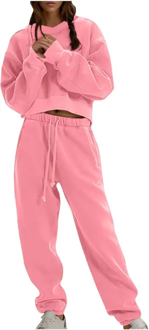 Women's 2 Piece Oversized Warm Outfits V Neck Hoodies Sweatshirts Jogger Pants Set Casual Lounge Set Sweatsuit