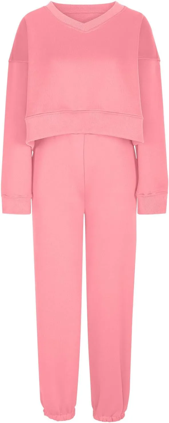 Women's 2 Piece Oversized Warm Outfits V Neck Hoodies Sweatshirts Jogger Pants Set Casual Lounge Set Sweatsuit