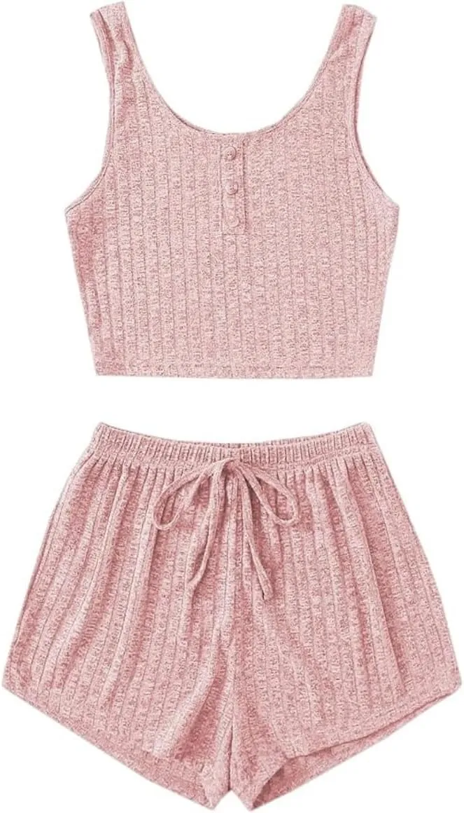 Women's 2 Piece Pajama Set Button Front Ribbed Knit Tank Top and Shorts Sleep Set Sleepwear Lounge Sets