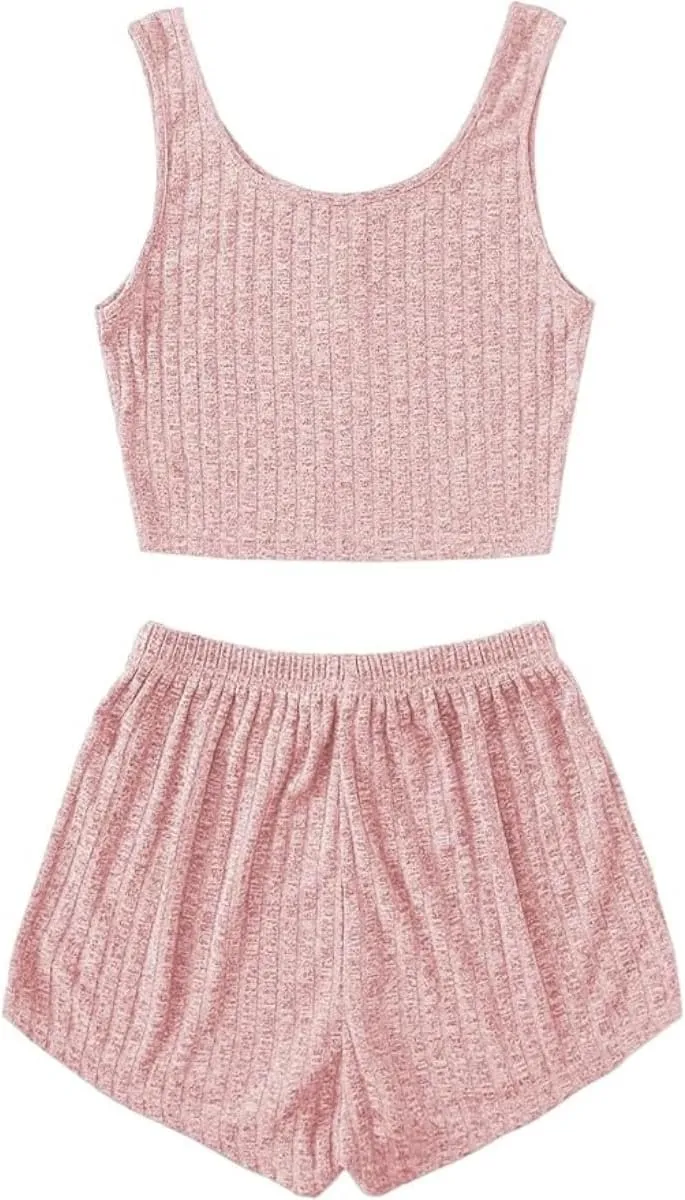 Women's 2 Piece Pajama Set Button Front Ribbed Knit Tank Top and Shorts Sleep Set Sleepwear Lounge Sets