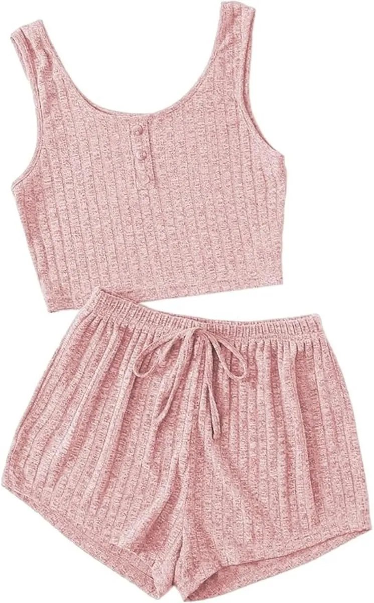 Women's 2 Piece Pajama Set Button Front Ribbed Knit Tank Top and Shorts Sleep Set Sleepwear Lounge Sets