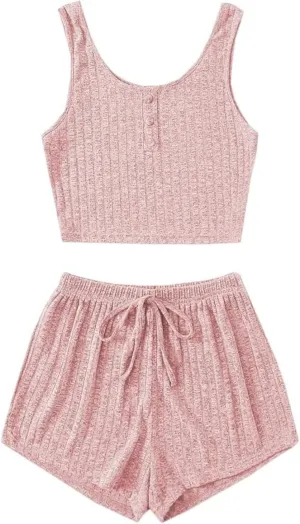 Women's 2 Piece Pajama Set Button Front Ribbed Knit Tank Top and Shorts Sleep Set Sleepwear Lounge Sets