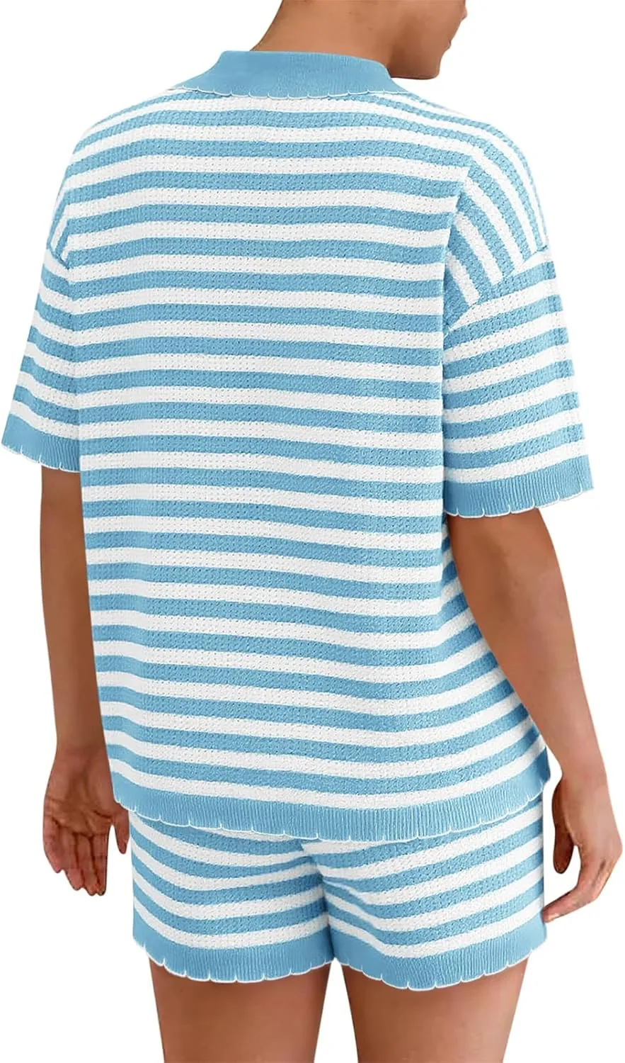 Womens 2 Piece Pajama Set Striped Knit Lounge Sets Short Sleeve Tie Front Top and Shorts Set 2025 Summer Outfits