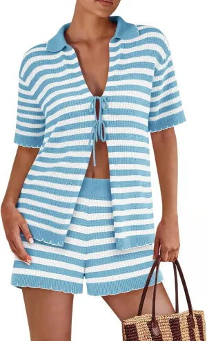 Womens 2 Piece Pajama Set Striped Knit Lounge Sets Short Sleeve Tie Front Top and Shorts Set 2025 Summer Outfits