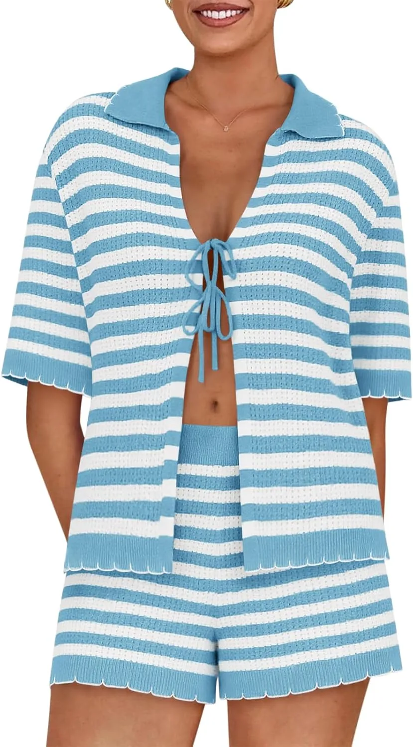 Womens 2 Piece Pajama Set Striped Knit Lounge Sets Short Sleeve Tie Front Top and Shorts Set 2025 Summer Outfits