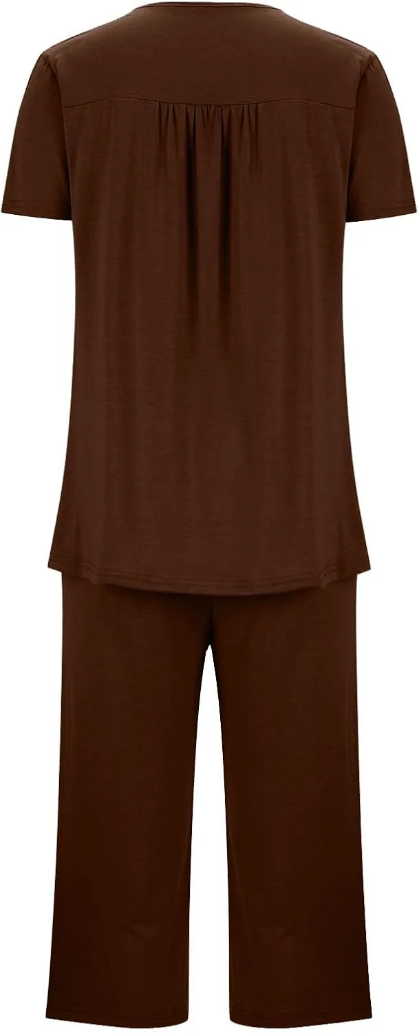 Womens 2 Piece Summer Pajamas Set Short Sleeve Henley Neck Sleepwear Soft Comfy Pjs Sets Top With Capri Pants