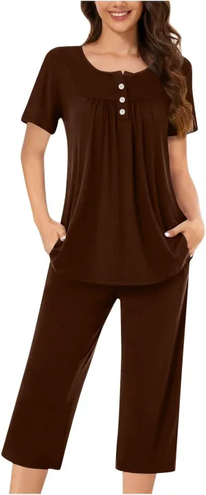 Womens 2 Piece Summer Pajamas Set Short Sleeve Henley Neck Sleepwear Soft Comfy Pjs Sets Top With Capri Pants