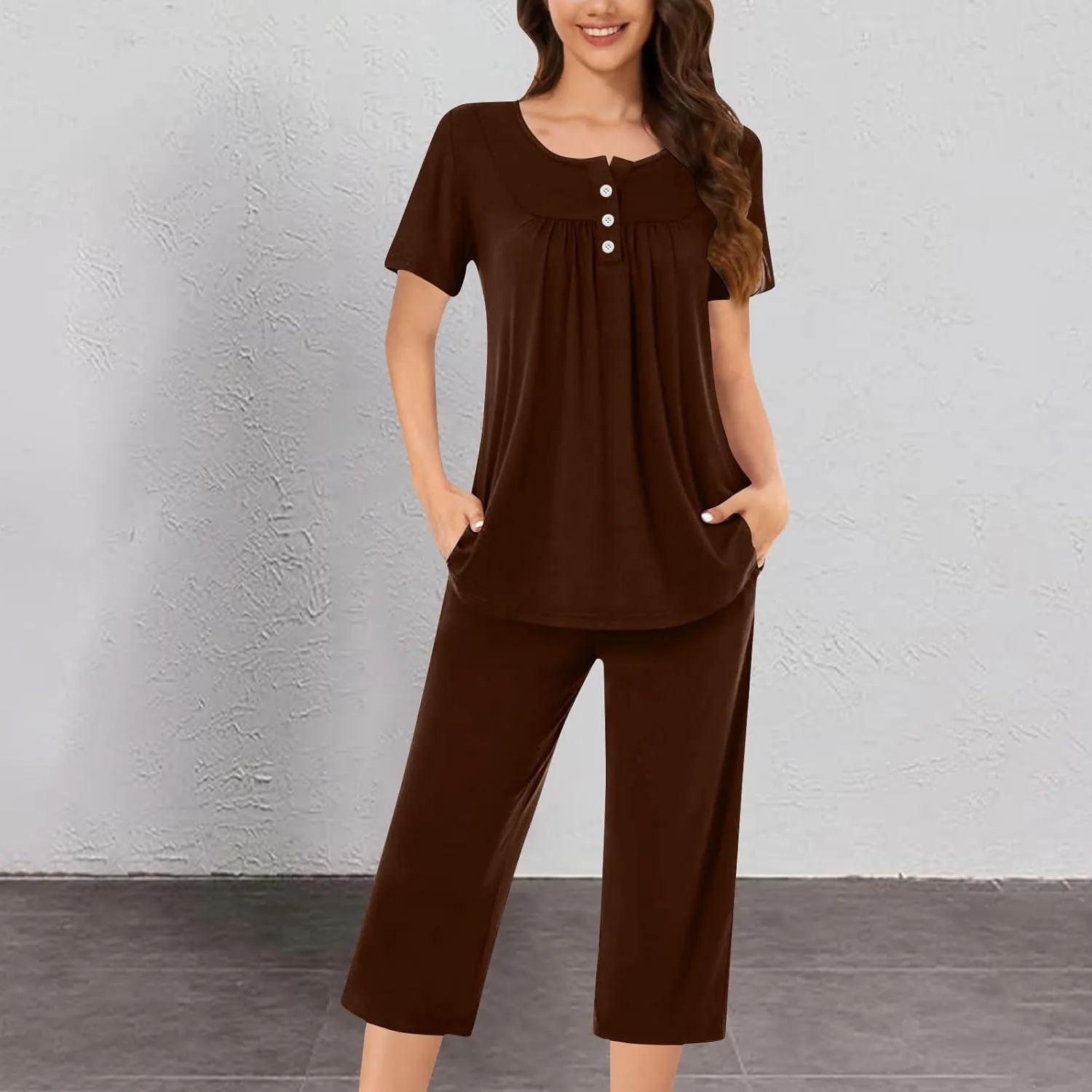 Womens 2 Piece Summer Pajamas Set Short Sleeve Henley Neck Sleepwear Soft Comfy Pjs Sets Top With Capri Pants