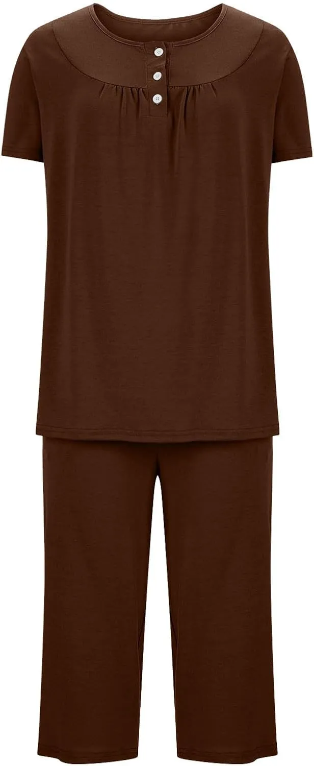 Womens 2 Piece Summer Pajamas Set Short Sleeve Henley Neck Sleepwear Soft Comfy Pjs Sets Top With Capri Pants