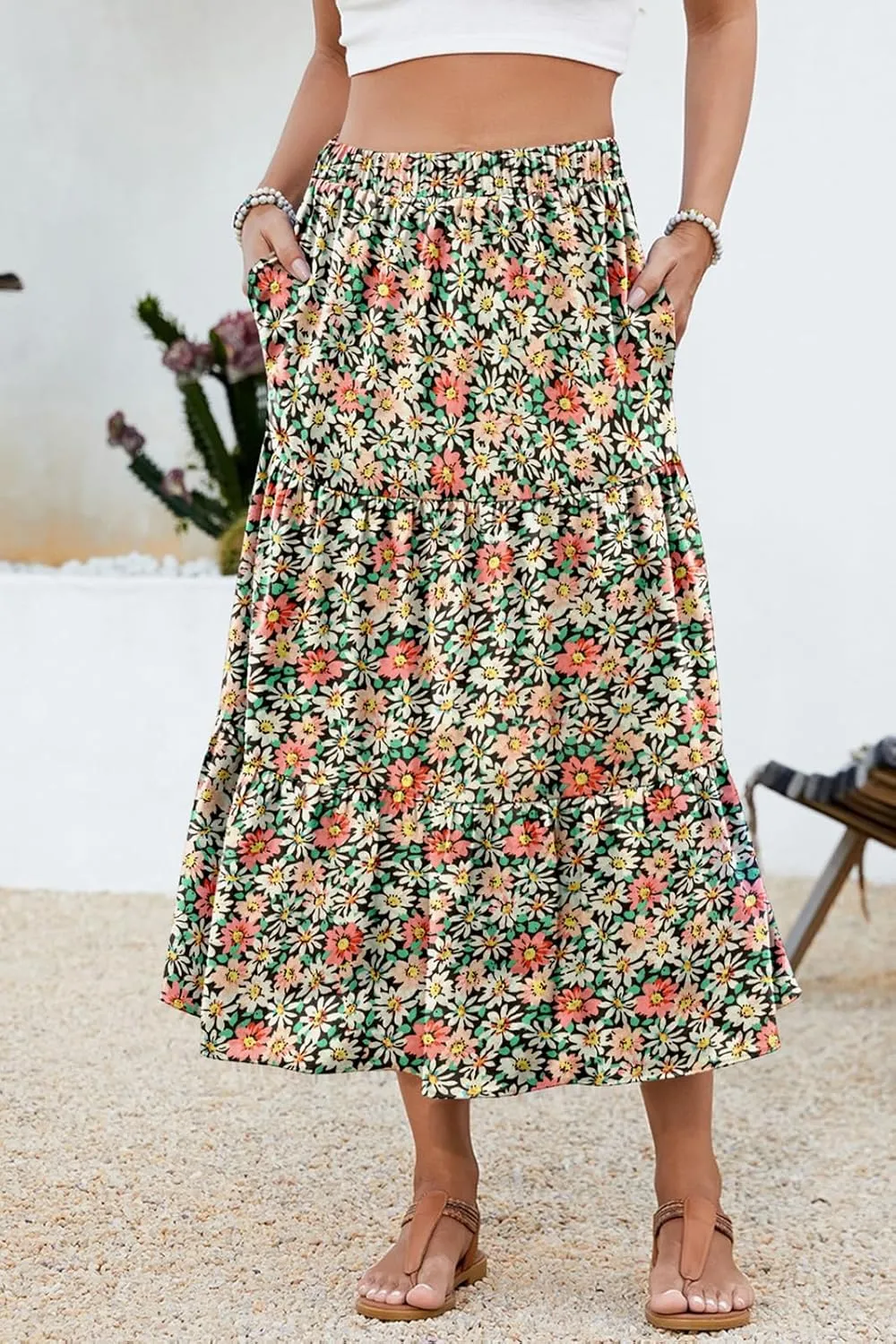 Women's 2025 Summer Boho Tiered Maxi Skirt Flowy A-Line Elastic Waist with Pockets Trendy Beach Long Skirts