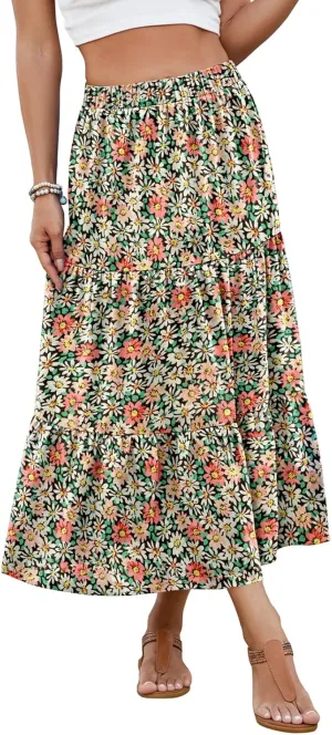 Women's 2025 Summer Boho Tiered Maxi Skirt Flowy A-Line Elastic Waist with Pockets Trendy Beach Long Skirts