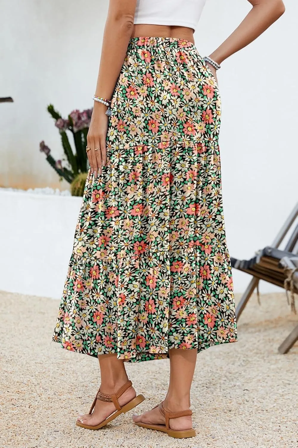 Women's 2025 Summer Boho Tiered Maxi Skirt Flowy A-Line Elastic Waist with Pockets Trendy Beach Long Skirts