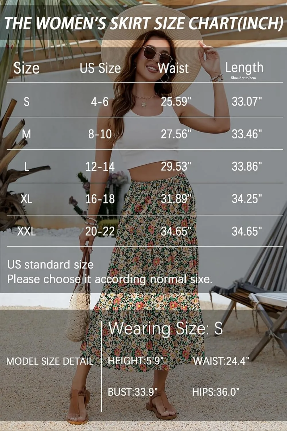 Women's 2025 Summer Boho Tiered Maxi Skirt Flowy A-Line Elastic Waist with Pockets Trendy Beach Long Skirts