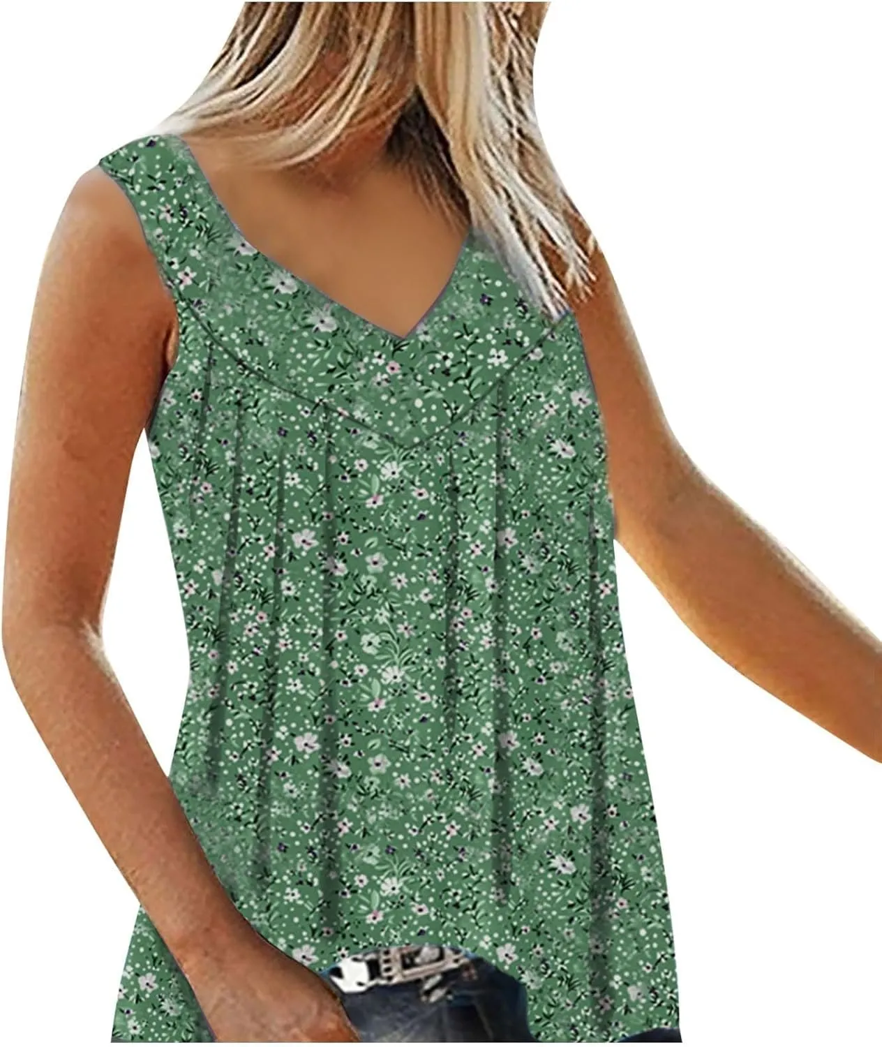 Womens Boho Floral Print Tank Tops V Neck Pleated Sleeveless Shirts Loose Fitted Blouse Tunic Ladies Beach Clothes