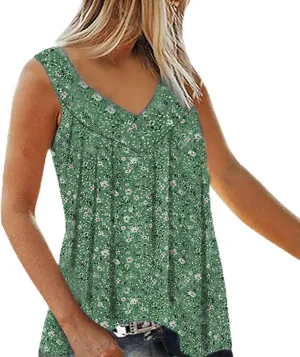 Womens Boho Floral Print Tank Tops V Neck Pleated Sleeveless Shirts Loose Fitted Blouse Tunic Ladies Beach Clothes
