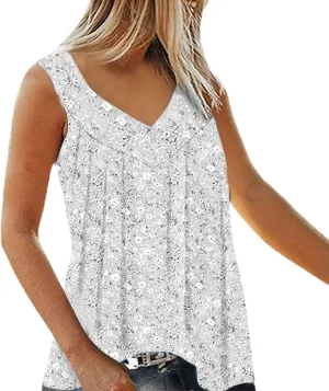 Womens Boho Floral Print Tank Tops V Neck Pleated Sleeveless Shirts Loose Fitted Blouse Tunic Ladies Beach Clothes