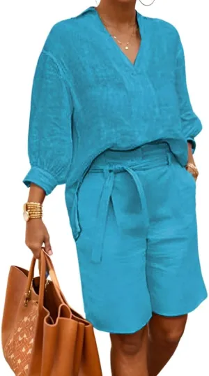 Womens Cotton Linen 2 Piece Outfits 3/4 Sleeve Shirt Elastic Waist Knee Length Pants with Belt Loose Sets with Pockets