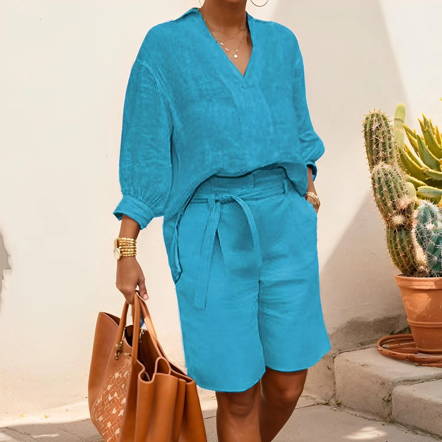 Womens Cotton Linen 2 Piece Outfits 3/4 Sleeve Shirt Elastic Waist Knee Length Pants with Belt Loose Sets with Pockets