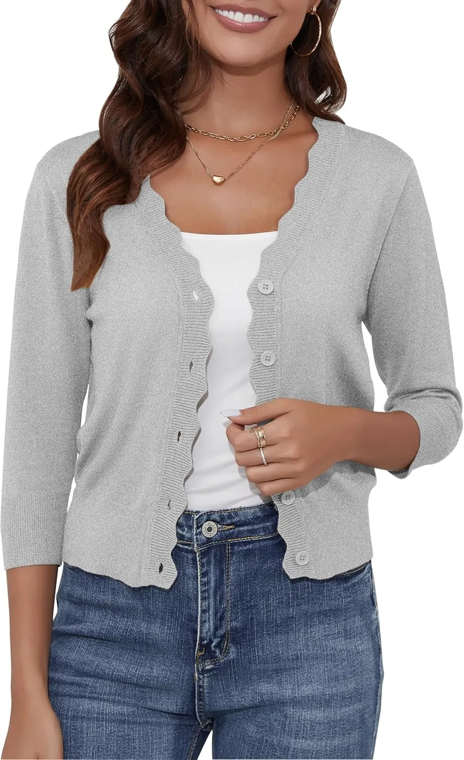 Women's Cropped Cardigans 3/4 Sleeve Button Down Lightweight Cardigan Sweaters Scalloped Edged Bolero Shrugs
