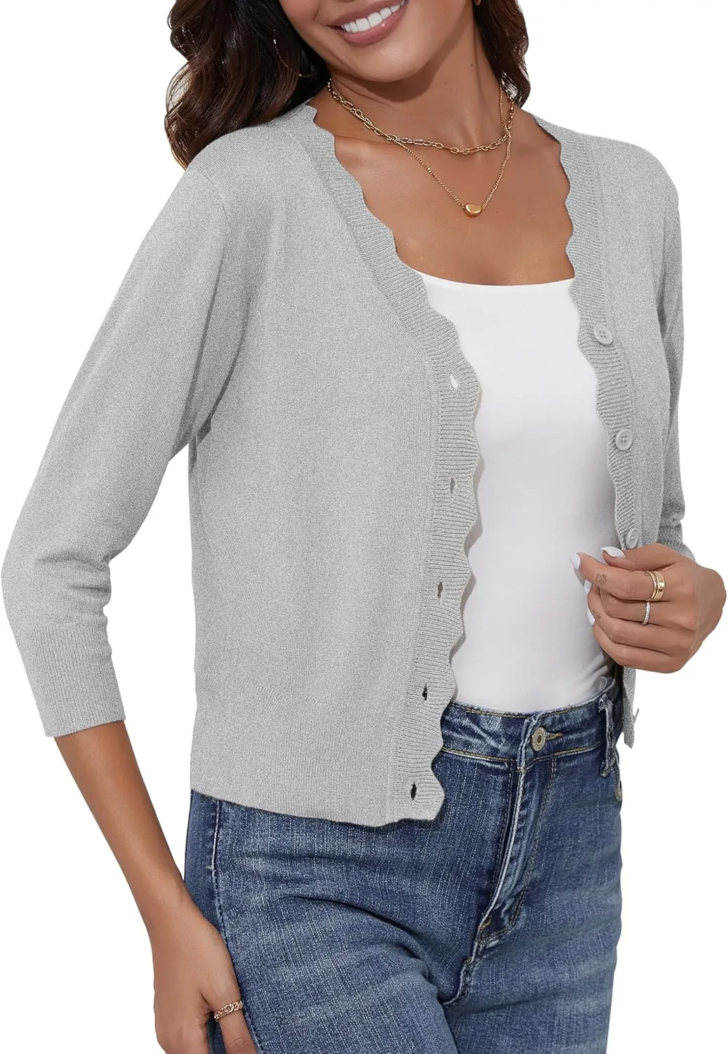 Women's Cropped Cardigans 3/4 Sleeve Button Down Lightweight Cardigan Sweaters Scalloped Edged Bolero Shrugs