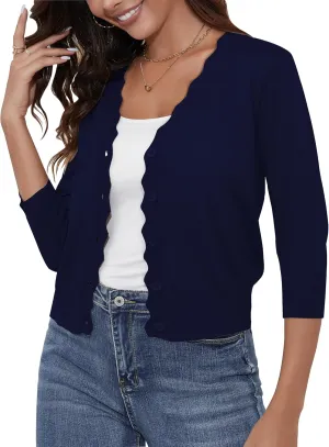 Women's Cropped Cardigans 3/4 Sleeve Button Down Lightweight Cardigan Sweaters Scalloped Edged Bolero Shrugs