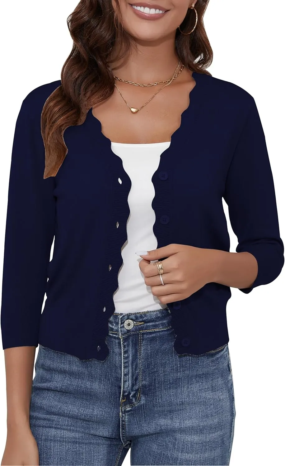 Women's Cropped Cardigans 3/4 Sleeve Button Down Lightweight Cardigan Sweaters Scalloped Edged Bolero Shrugs