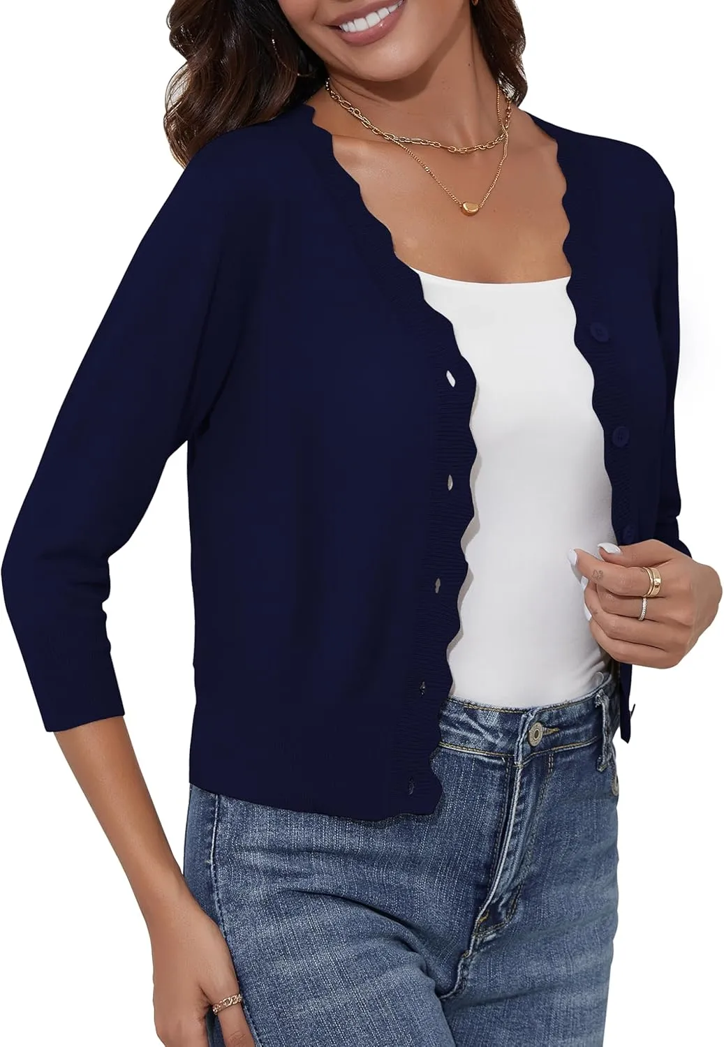 Women's Cropped Cardigans 3/4 Sleeve Button Down Lightweight Cardigan Sweaters Scalloped Edged Bolero Shrugs