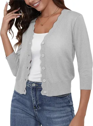 Women's Cropped Cardigans 3/4 Sleeve Button Down Lightweight Cardigan Sweaters Scalloped Edged Bolero Shrugs