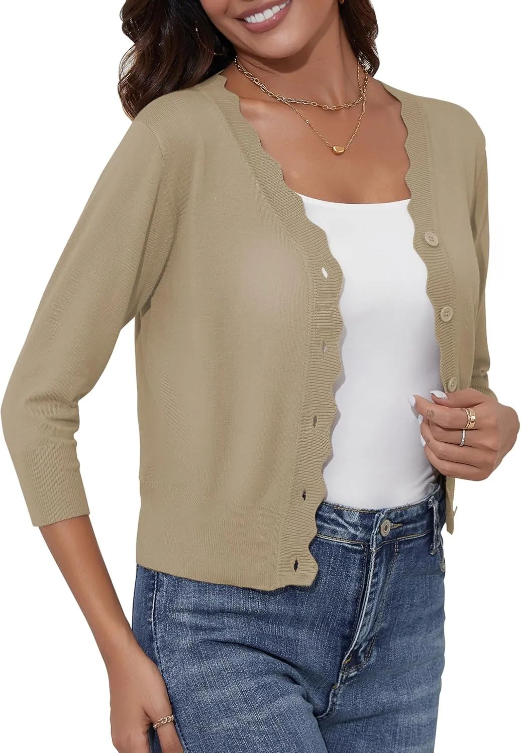 Women's Cropped Cardigans 3/4 Sleeve Button Down Lightweight Cardigan Sweaters Scalloped Edged Bolero Shrugs