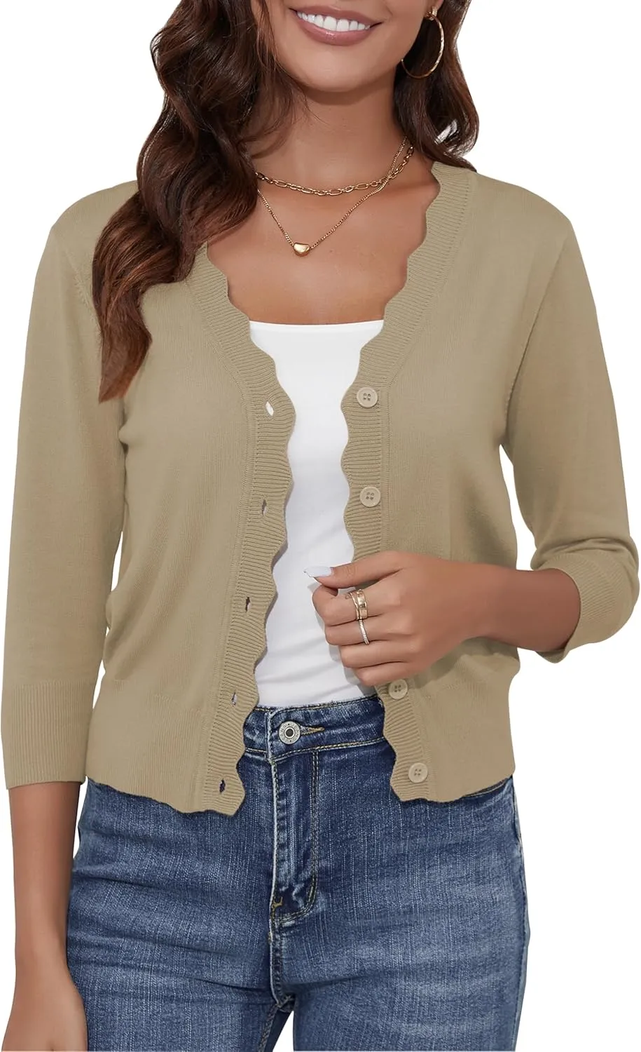 Women's Cropped Cardigans 3/4 Sleeve Button Down Lightweight Cardigan Sweaters Scalloped Edged Bolero Shrugs
