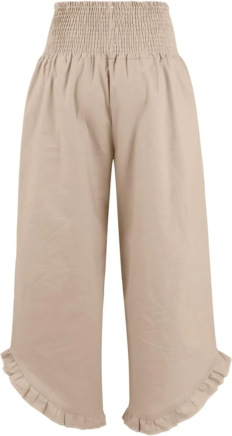Women's Drawstring Stretch High-Waisted Ruffled Hem Wide-Legged Pockets with Dressy Casual Loose Fit Fashion