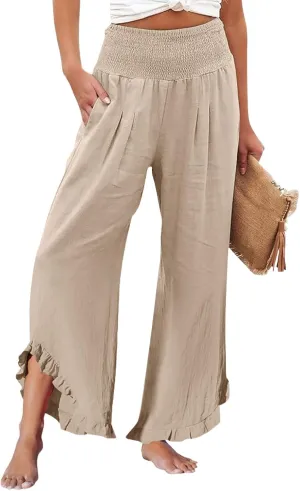 Women's Drawstring Stretch High-Waisted Ruffled Hem Wide-Legged Pockets with Dressy Casual Loose Fit Fashion
