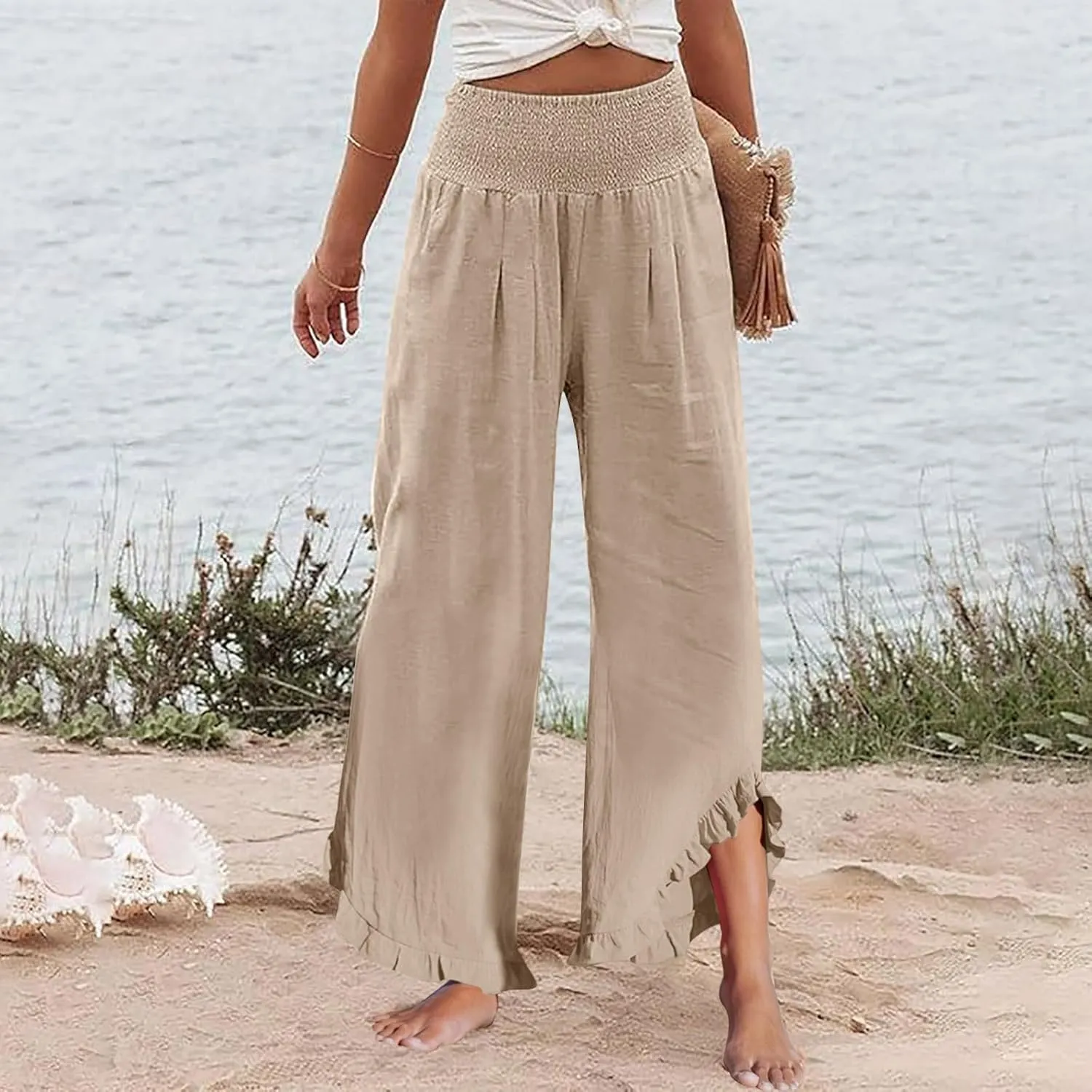 Women's Drawstring Stretch High-Waisted Ruffled Hem Wide-Legged Pockets with Dressy Casual Loose Fit Fashion