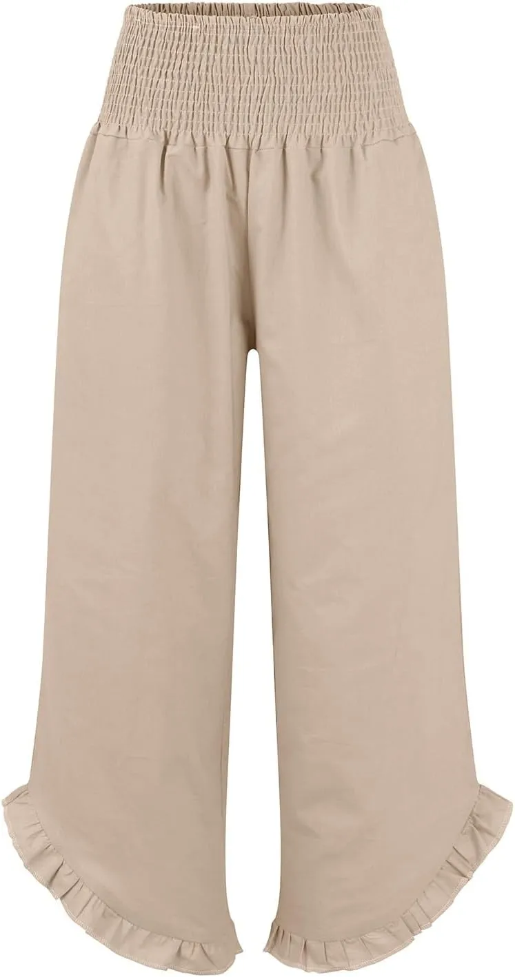 Women's Drawstring Stretch High-Waisted Ruffled Hem Wide-Legged Pockets with Dressy Casual Loose Fit Fashion