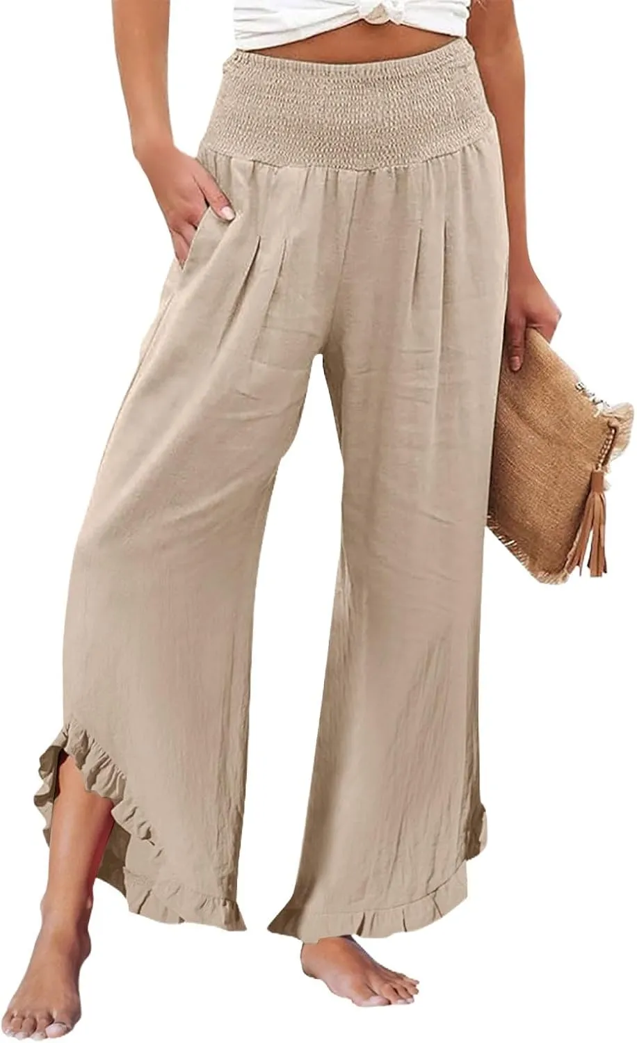 Women's Drawstring Stretch High-Waisted Ruffled Hem Wide-Legged Pockets with Dressy Casual Loose Fit Fashion