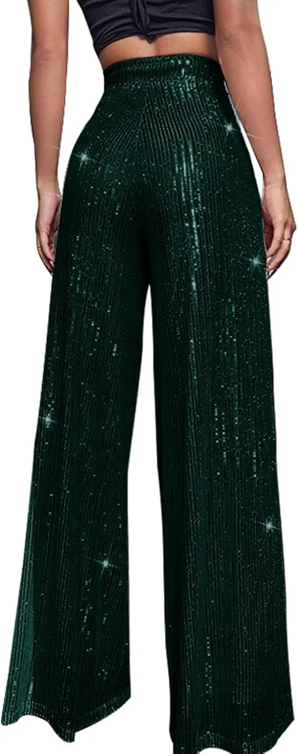 Women's Dressy Fashion Casual Solid Color High Waist Sequin Side Zipper Draped Wide Leg Loose Fit Pants