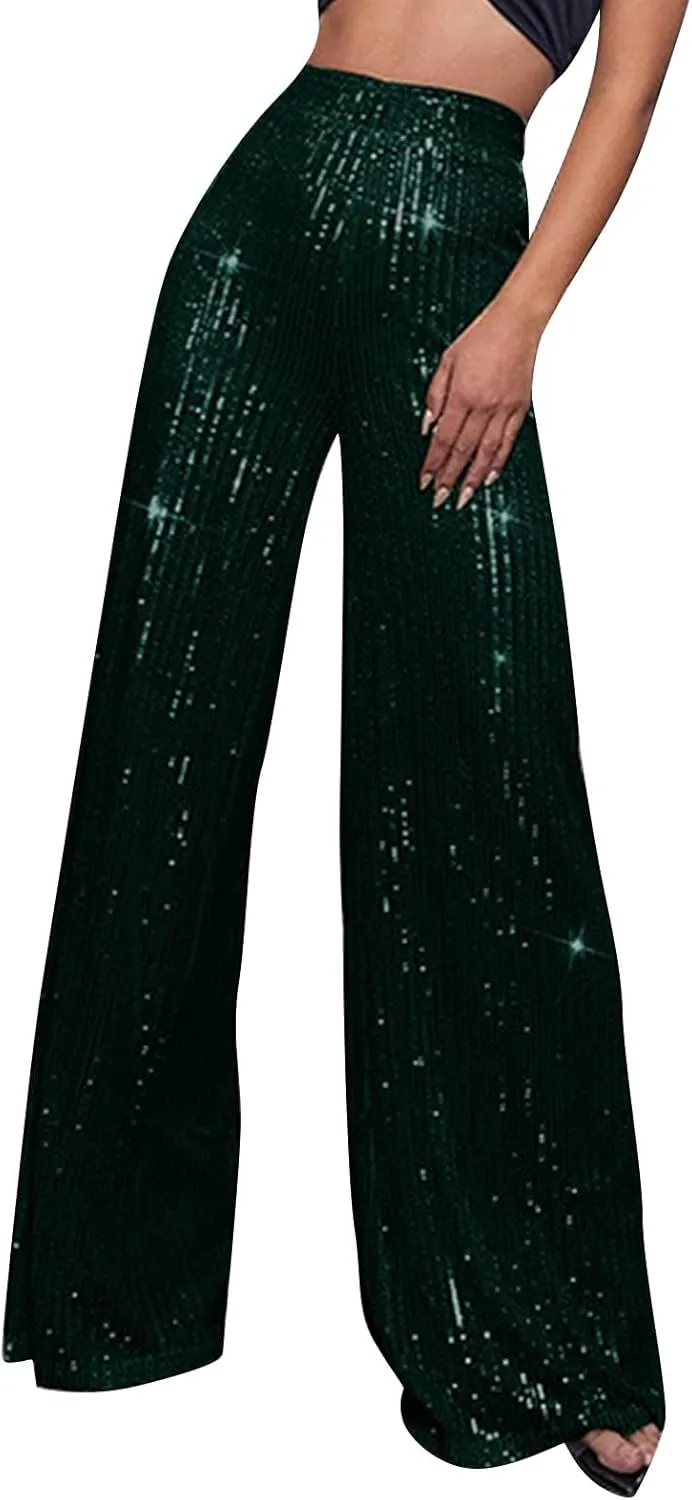 Women's Dressy Fashion Casual Solid Color High Waist Sequin Side Zipper Draped Wide Leg Loose Fit Pants