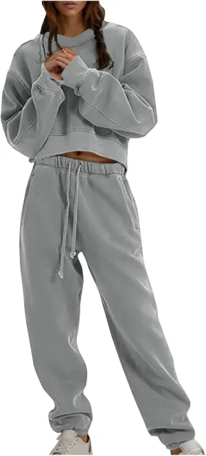 Womens Fall 2 Piece Outfits Casual Sweatsuits Sets Long Sleeve Crop Tops Sweatshirt Loose Sweatpants with Pockets