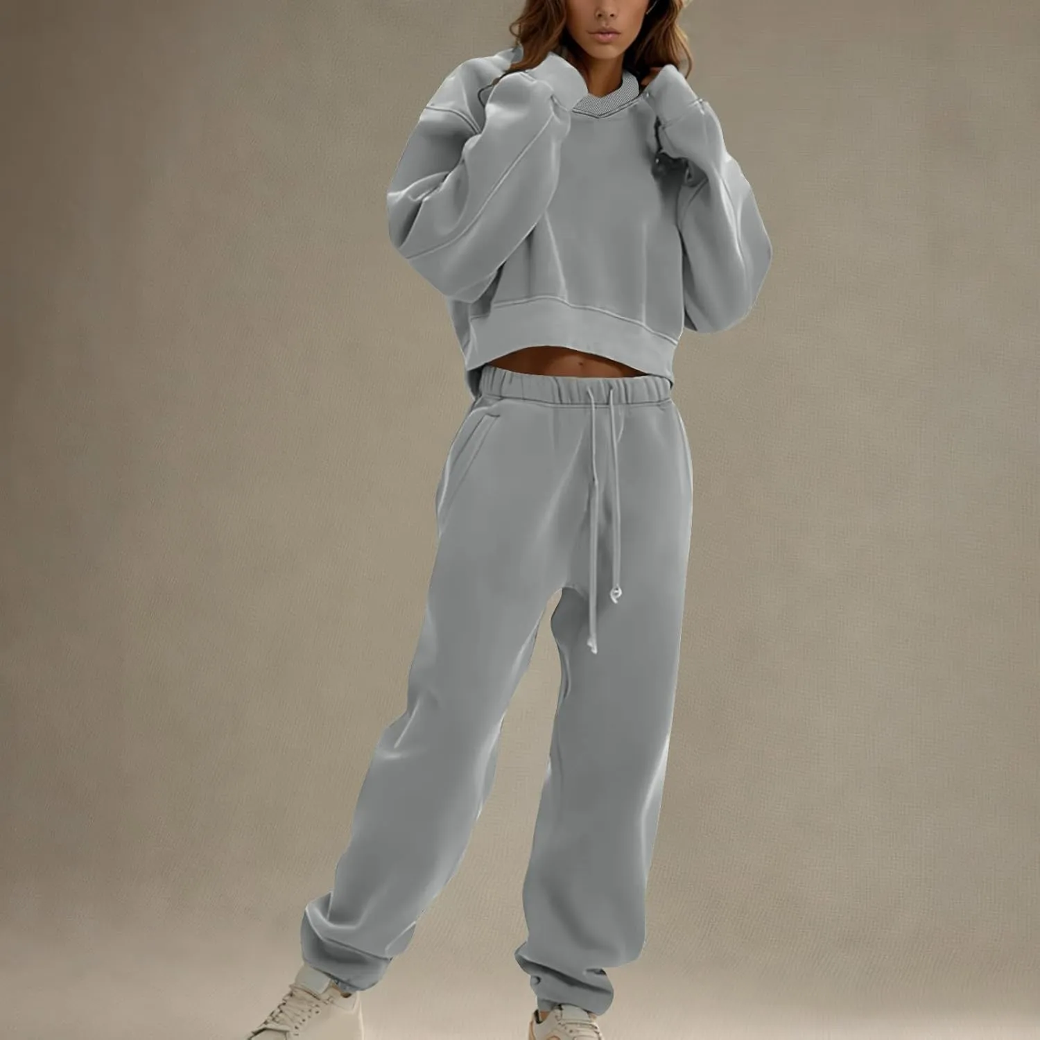 Womens Fall 2 Piece Outfits Casual Sweatsuits Sets Long Sleeve Crop Tops Sweatshirt Loose Sweatpants with Pockets