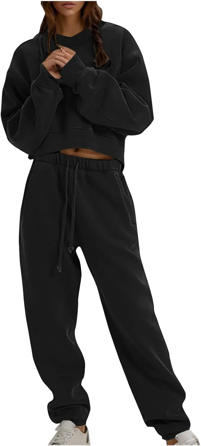 Womens Fall 2 Piece Outfits Casual Sweatsuits Sets Long Sleeve Crop Tops Sweatshirt Loose Sweatpants with Pockets