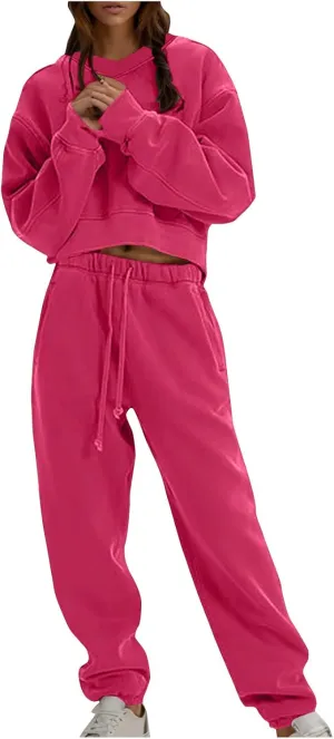 Womens Fall 2 Piece Outfits Casual Sweatsuits Sets Long Sleeve Crop Tops Sweatshirt Loose Sweatpants with Pockets
