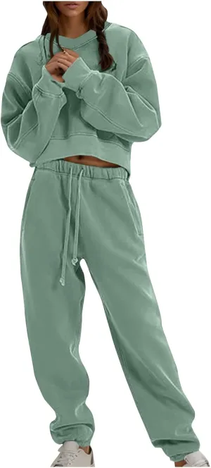 Womens Fall 2 Piece Outfits Casual Sweatsuits Sets Long Sleeve Crop Tops Sweatshirt Loose Sweatpants with Pockets