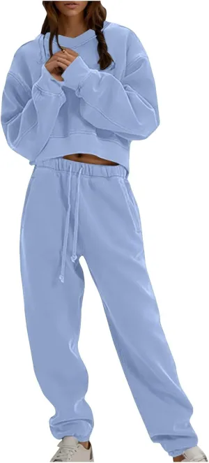 Womens Fall 2 Piece Outfits Casual Sweatsuits Sets Long Sleeve Crop Tops Sweatshirt Loose Sweatpants with Pockets