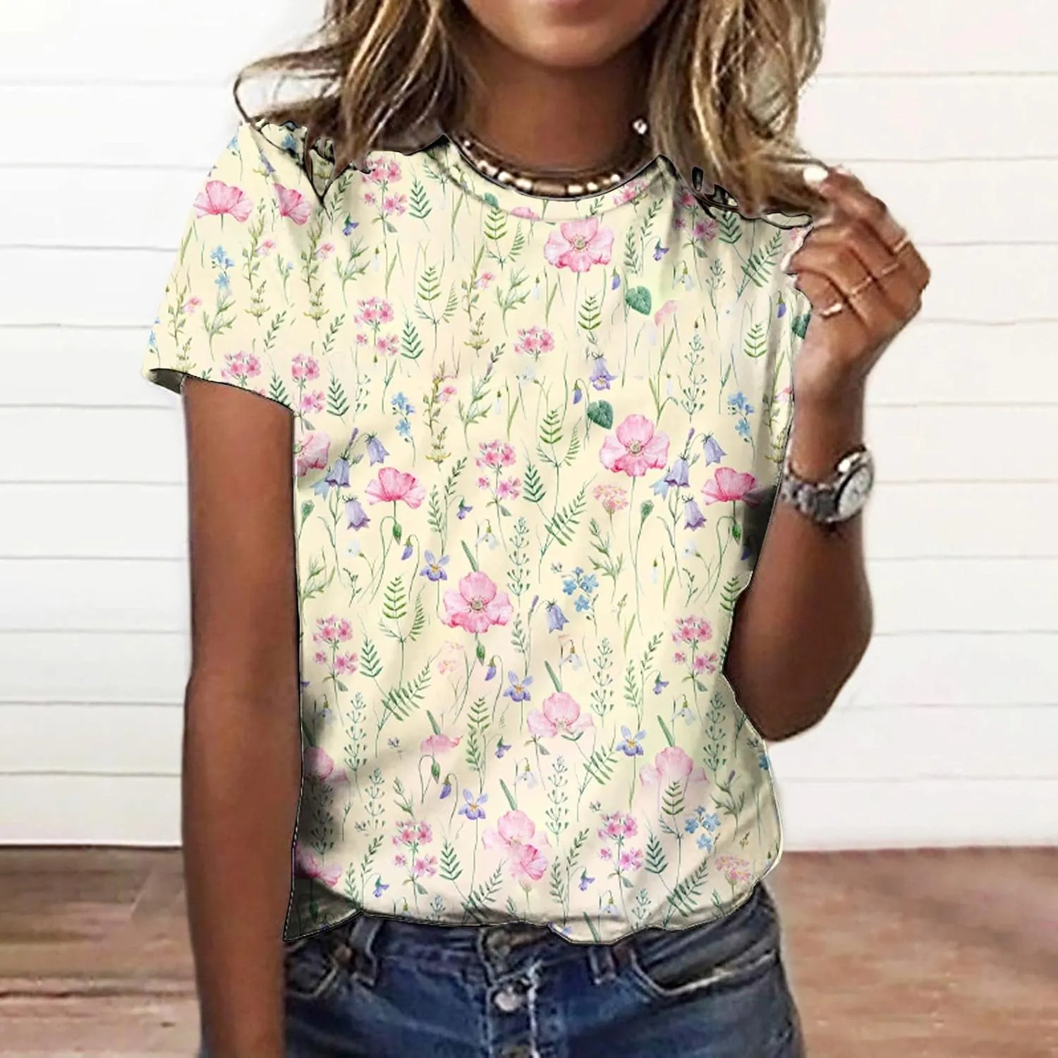 Women's fashionable round-neck printed loose pullovers Womens Shirts Summer Womens Shirts Casual