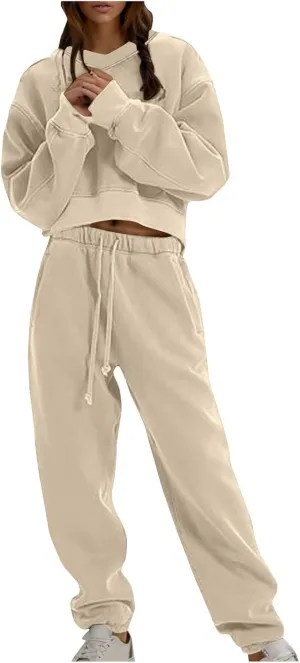 Womens Fleece 2 Piece Outfits Cropped Pullover Sweatshirt and Joggers Pants Set Long Sleeve Tracksuit Sweatsuit
