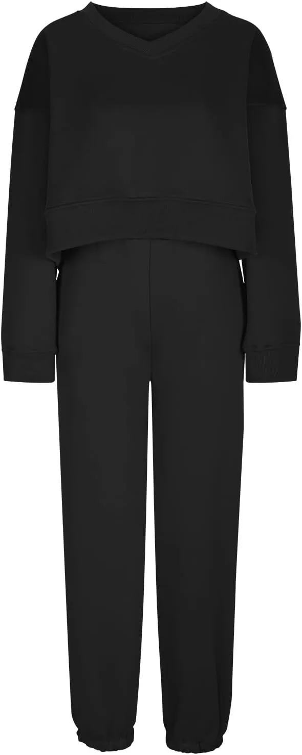 Womens Fleece 2 Piece Outfits Cropped Pullover Sweatshirt and Joggers Pants Set Long Sleeve Tracksuit Sweatsuit